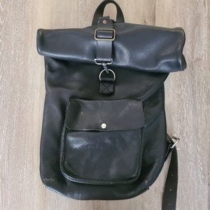 100% Thick black leather unisex backpack